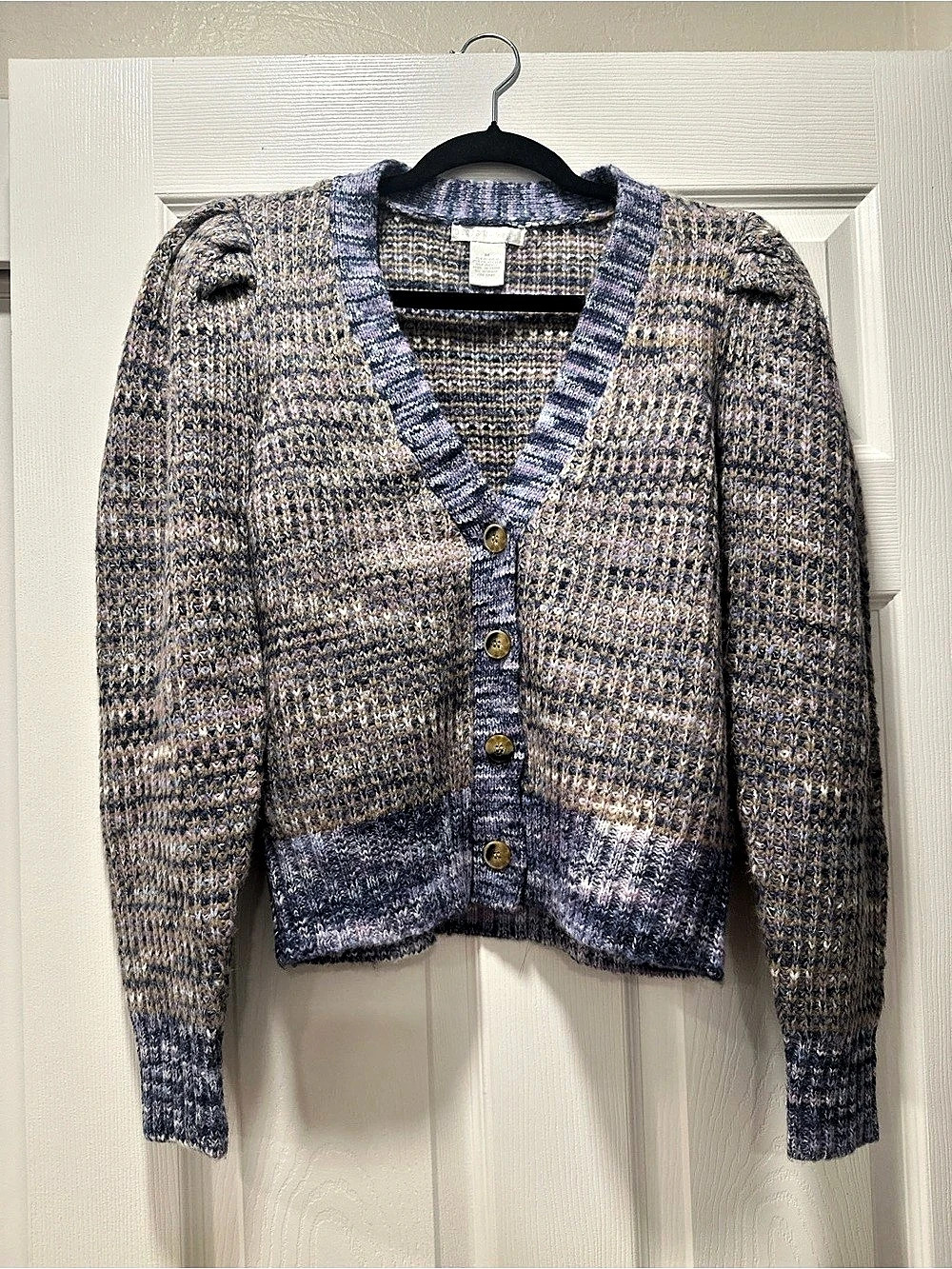 Design History Lavender Blue Puff Shoulder V-neck Button Cardigan Medium
